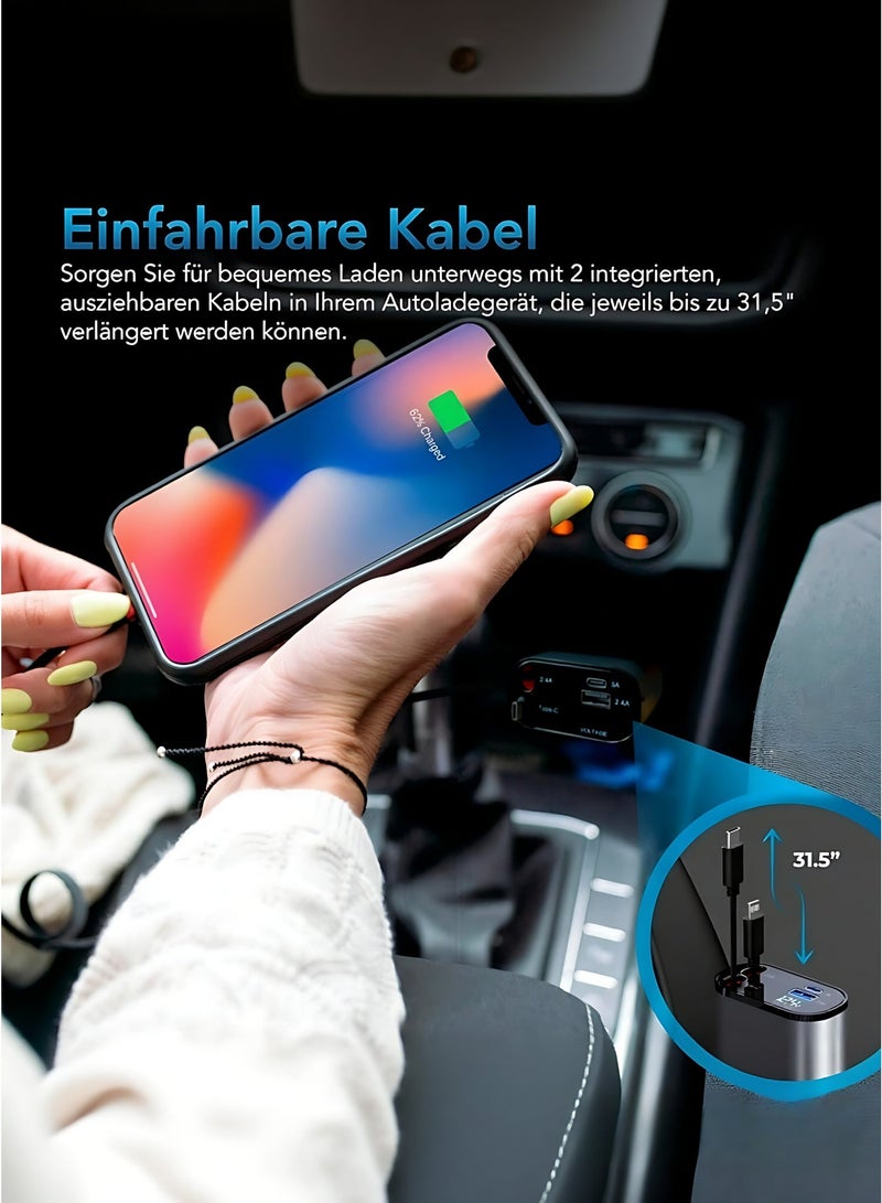 4-in-1 Retractable Car Charger USB-C Fast Charging Car Adapter with Built-in Cables for iPhone & USB-C Devices - Image 5